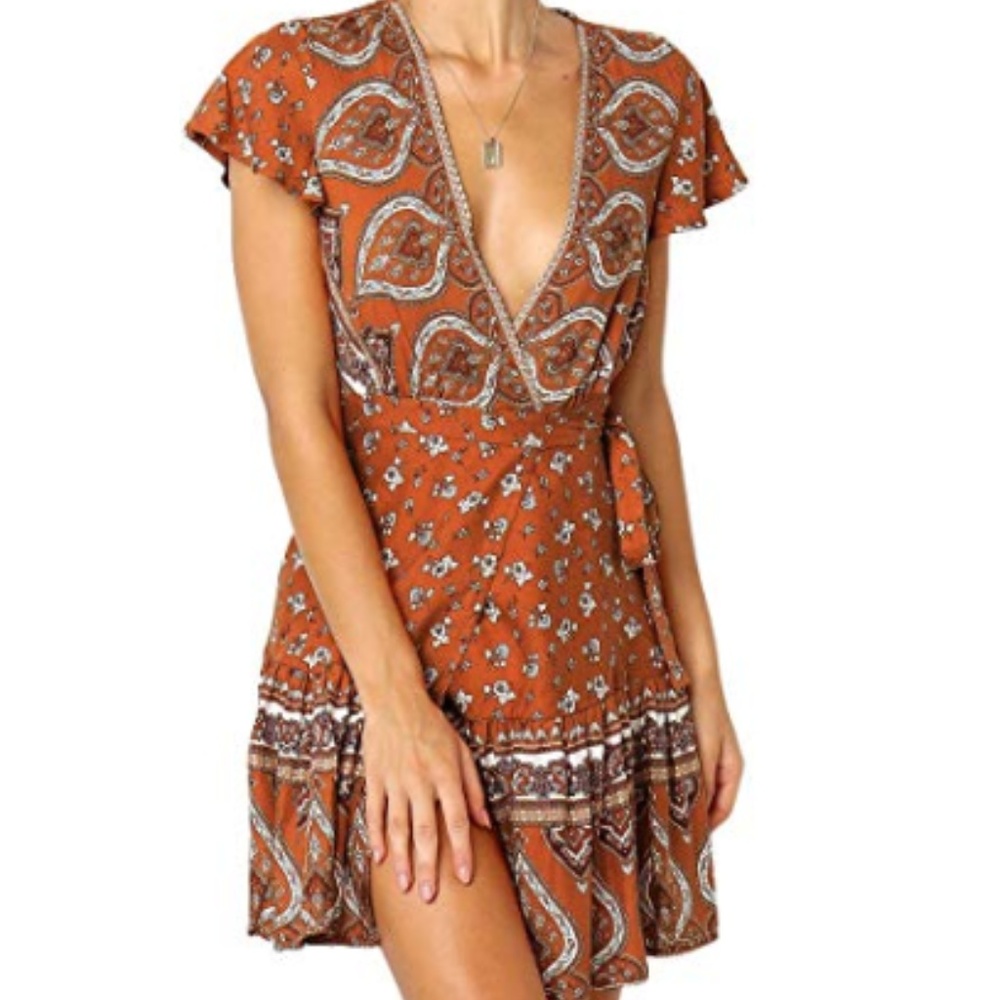 Summer V Neck Bohemian Floral Beach Mini Dress